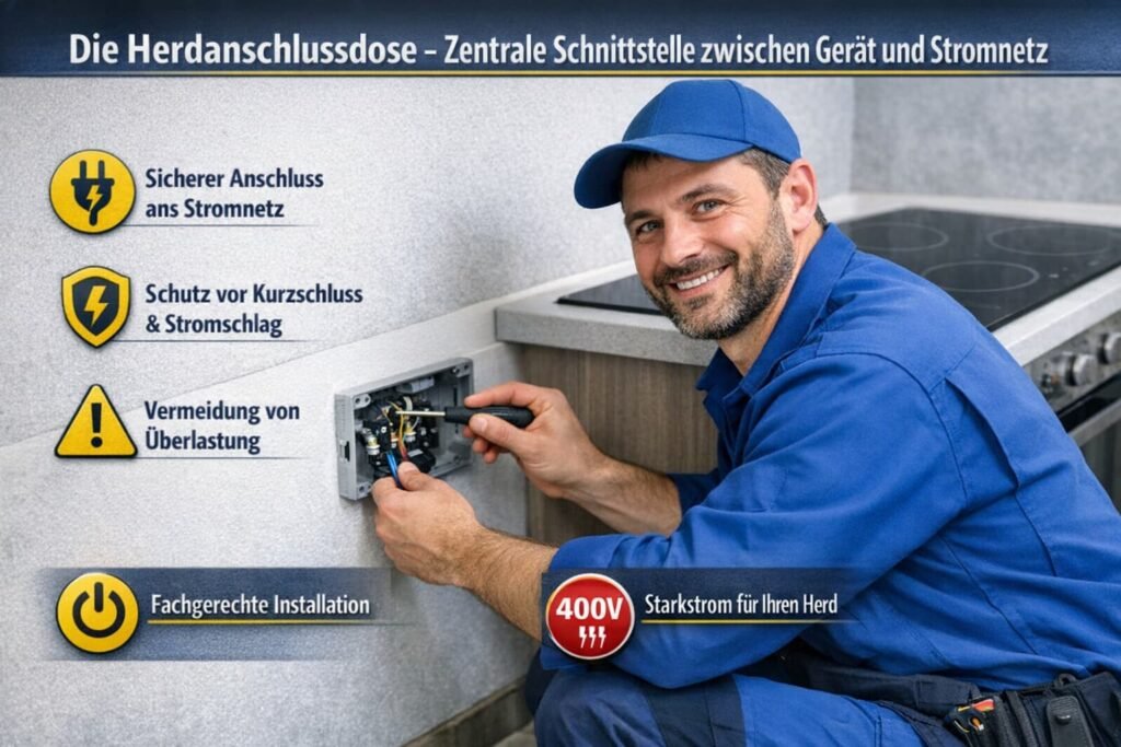 Elektriker installiert Herdanschlussdose in moderner Küche mit Fokus auf sichere Stromverbindung und fachgerechte Installation