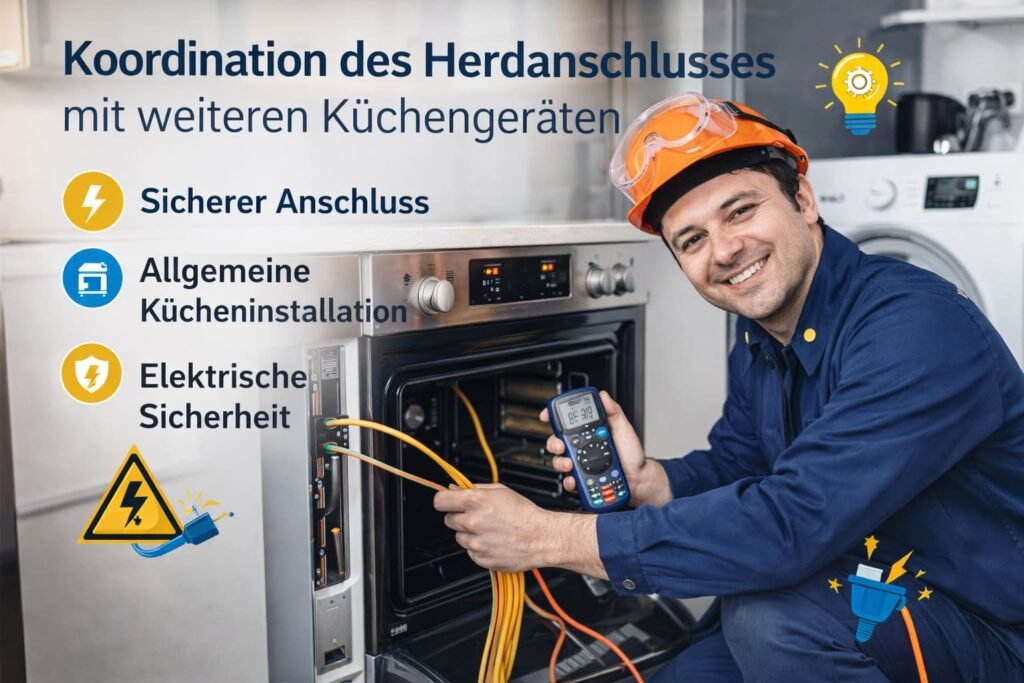 Elektriker installiert Herdanschluss in moderner Küche mit Fokus auf sichere Koordination und elektrische Sicherheit