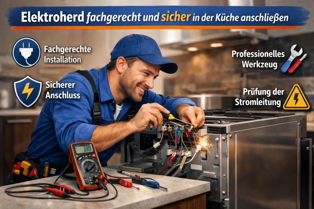 Elektriker schließt Elektroherd sicher und fachgerecht in moderner Küche an