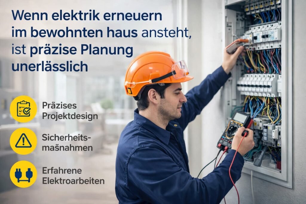 Elektriker prüft Sicherungskasten und erneuert Elektroinstallation im bewohnten Haus mit präziser Planung