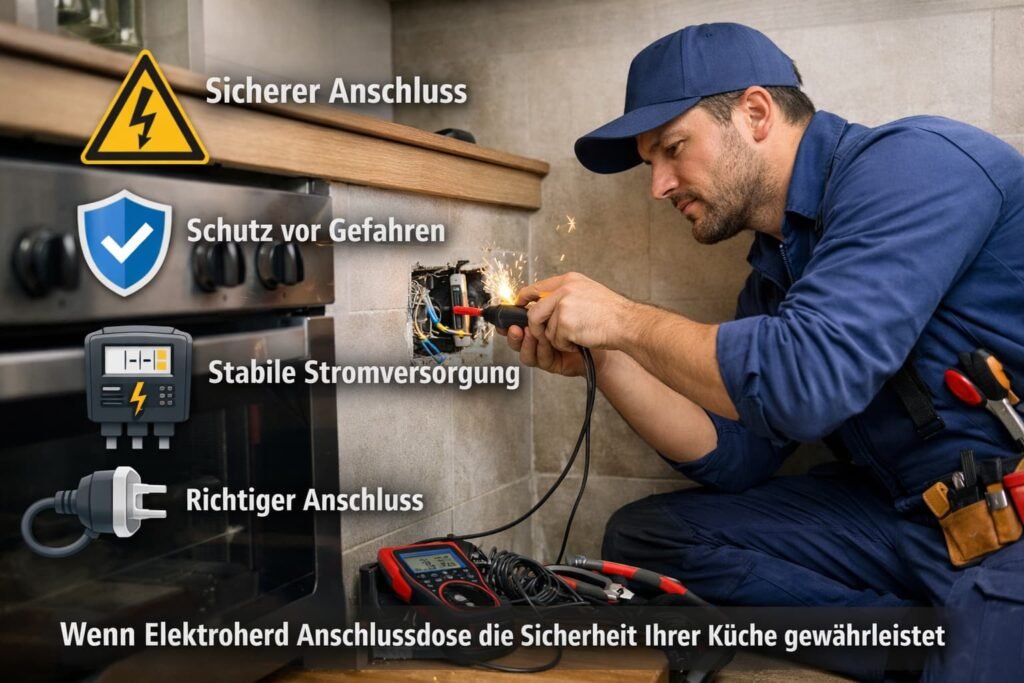 Elektriker repariert Herdanschlussdose in moderner Küche für mehr Sicherheit