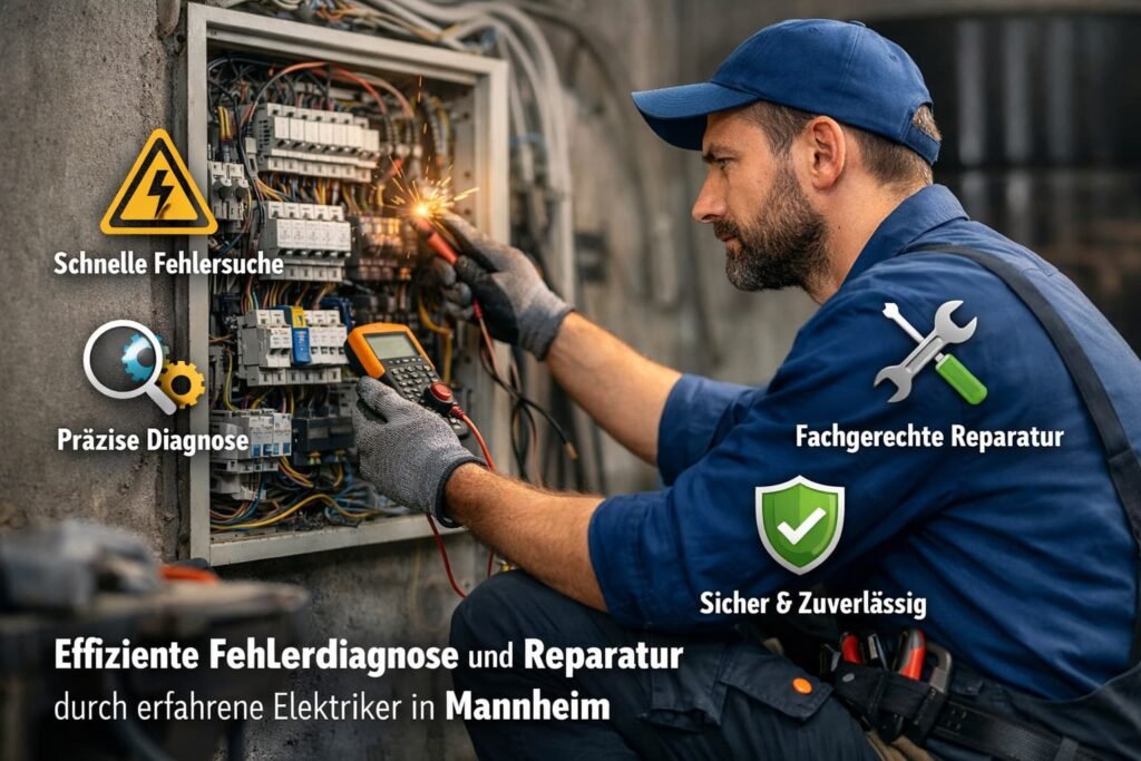 Elektriker in Mannheim bei der Fehlerdiagnose und Reparatur eines Sicherungskastens mit moderner Messtechnik