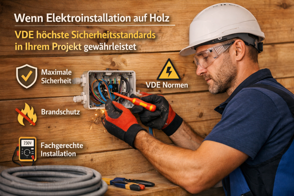 Elektriker installiert fachgerecht eine Elektroanlage auf Holz nach VDE-Sicherheitsstandards mit Schutz- und Brandschutzmaßnahmen