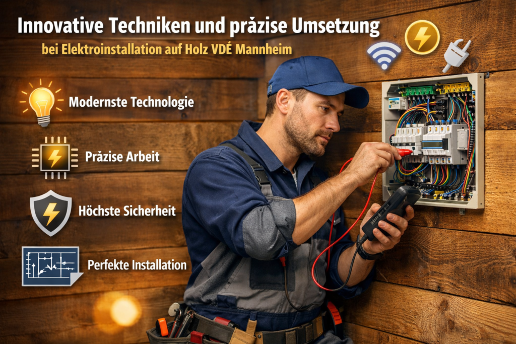 Elektriker bei präziser Elektroinstallation an Holzwand mit modernen Techniken und Sicherheitsstandards in Mannheim