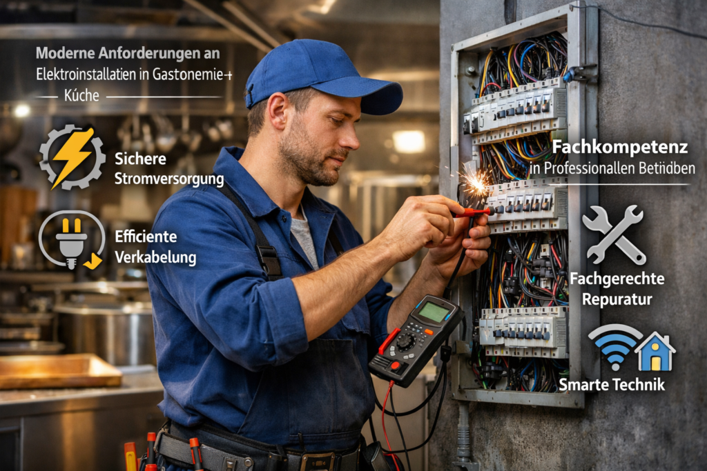 Elektriker repariert Stromkasten in moderner Gastronomie-Küche mit Fokus auf sichere Elektroinstallation und Fachkompetenz
