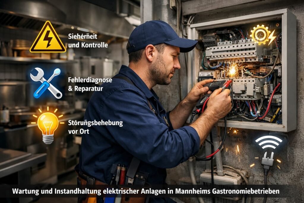 Elektriker bei der Wartung eines Sicherungskastens in einer Gastronomieküche in Mannheim mit Fokus auf Reparatur und elektrische Sicherheit
