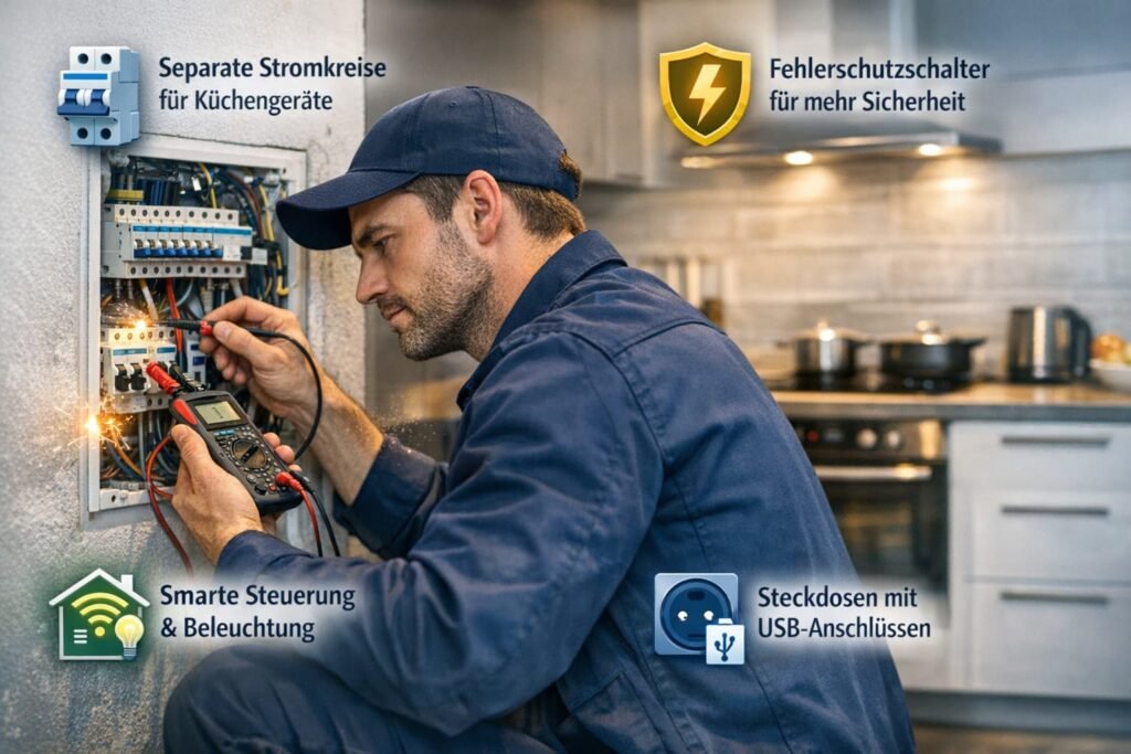 Moderner Elektriker repariert Stromkreis in Küche für mehr Sicherheit und Komfort