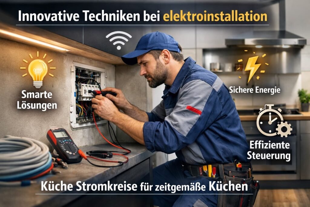 Innovativer Elektriker bei der Küchen-Elektroinstallation repariert Stromkreise mit modernen Technologien und sicheren Lösungen