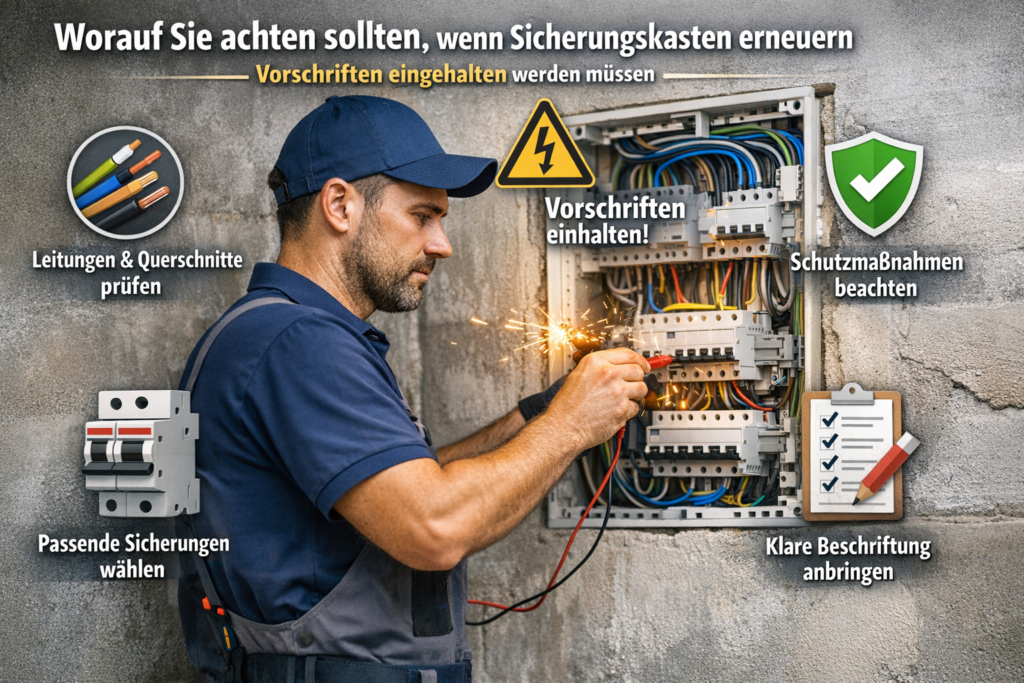 Elektriker prüft Sicherungskasten und elektrische Leitungen gemäß Vorschriften beim Verteilerwechsel