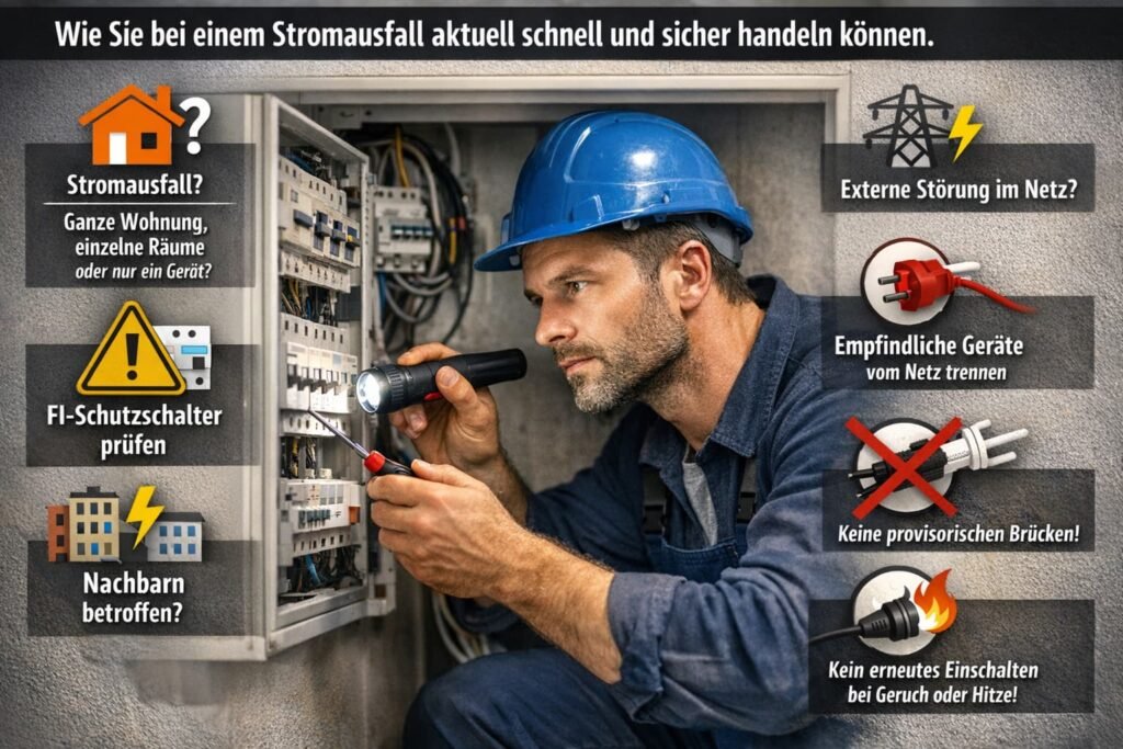 Elektriker prüft Sicherungskasten bei Stromausfall mit Sicherheitshinweisen und elektrischen Symbolen