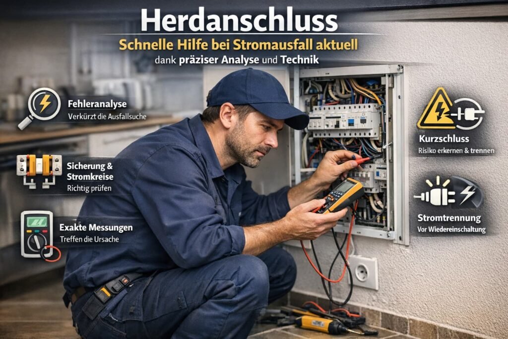 Deutscher Elektriker prüft Sicherungskasten mit Messgerät bei Stromausfall und führt präzise Fehleranalyse durch