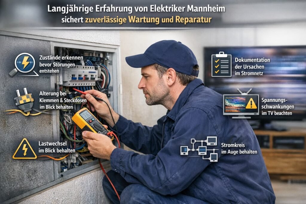 Elektriker prüft Sicherungskasten und behebt Stromschwankungen für zuverlässige Wartung und Reparatur in Mannheim
