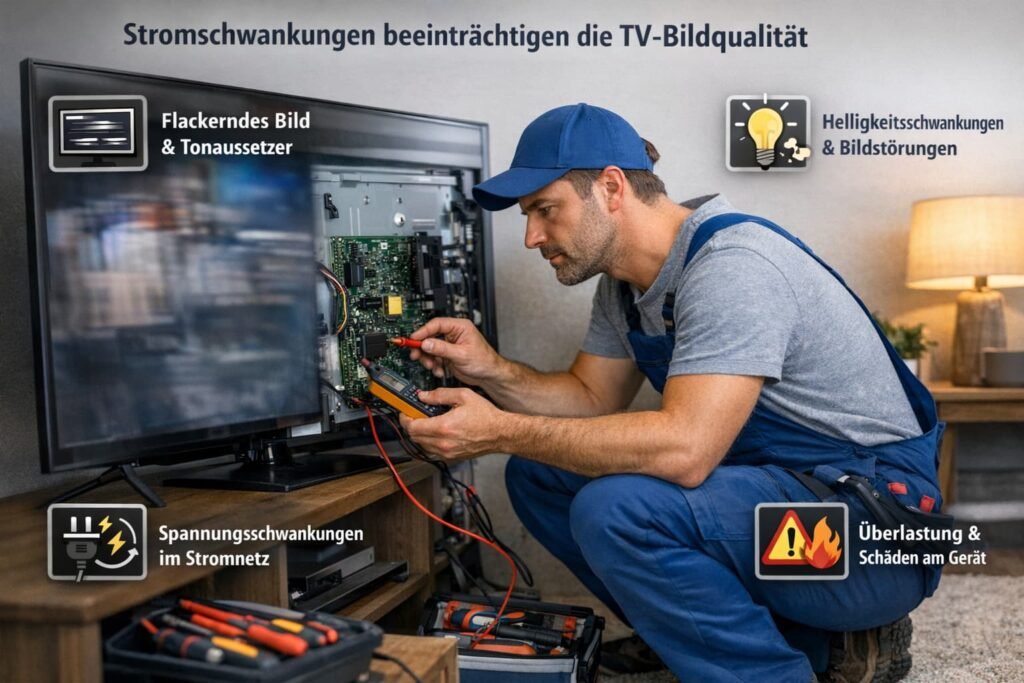 Elektriker repariert Fernseher bei Stromschwankungen und erklärt Auswirkungen auf die Bildqualität