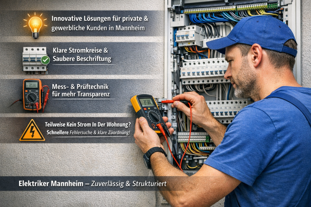 Elektriker in Mannheim prüft Sicherungskasten mit Messgerät – innovative Lösungen für private und gewerbliche Kunden
