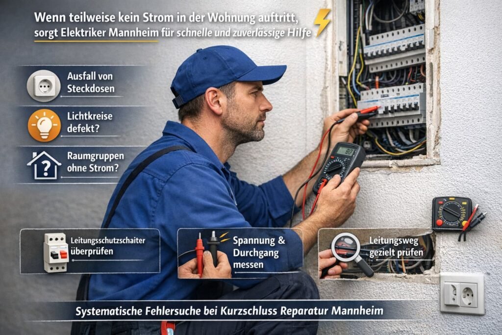 Elektriker Mannheim prüft Stromausfall in Wohnung mit Messgerät und Sicherungskasten