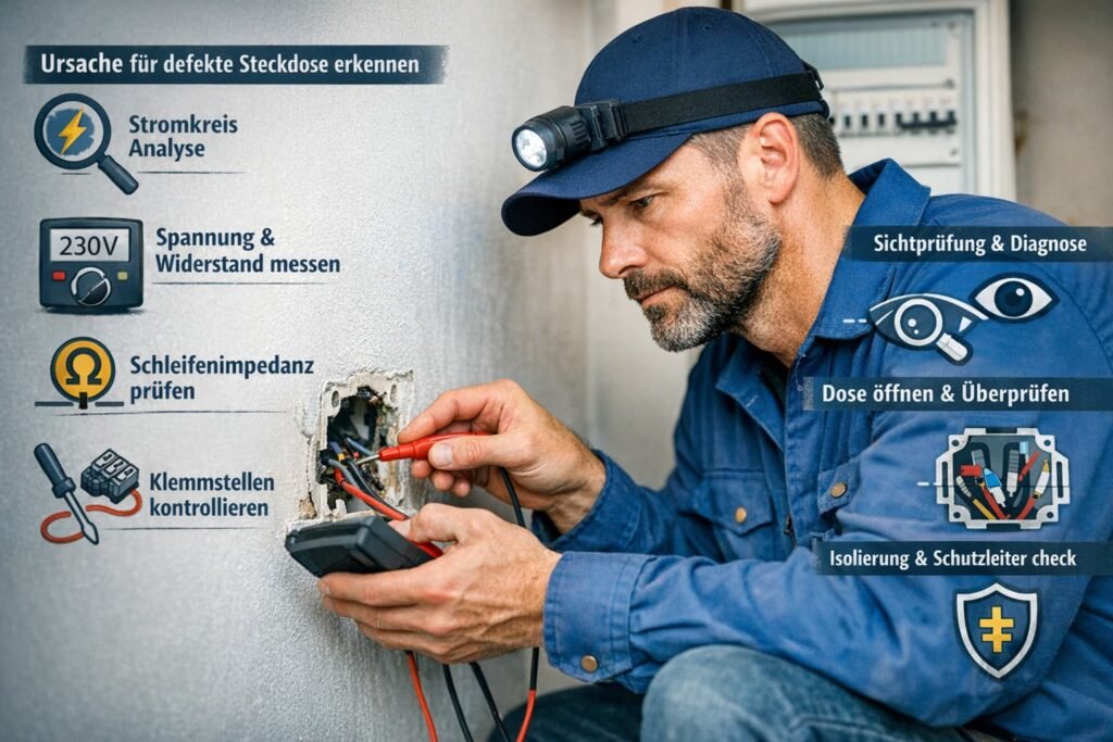 Elektriker prüft defekte Steckdose in Mannheim mit Messgerät und analysiert Stromkreis, Spannung und Verkabelung