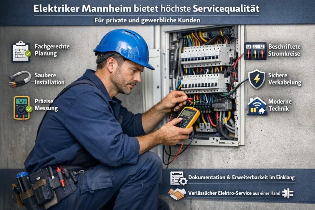 Elektriker in Mannheim prüft Stromkasten und Verkabelung mit Messgerät – professionelle Elektroinstallation 