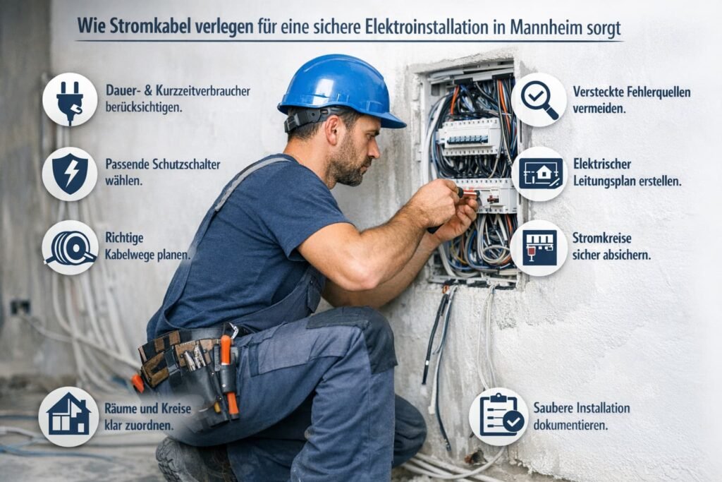Elektriker installiert Stromkabel in Mannheim mit Symbolen für sichere Elektroinstallation und Leitungsplanung