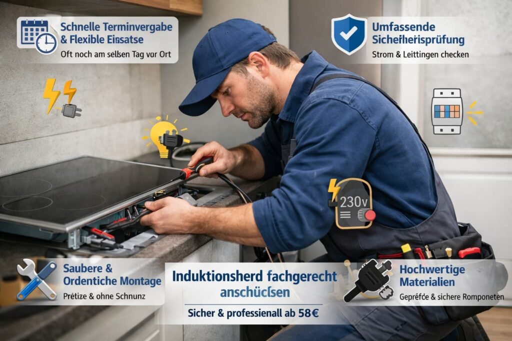 Fachgerechte Installation eines Induktionsherds durch Elektriker in moderner Küche mit Sicherheitsprüfung und Montage-Service