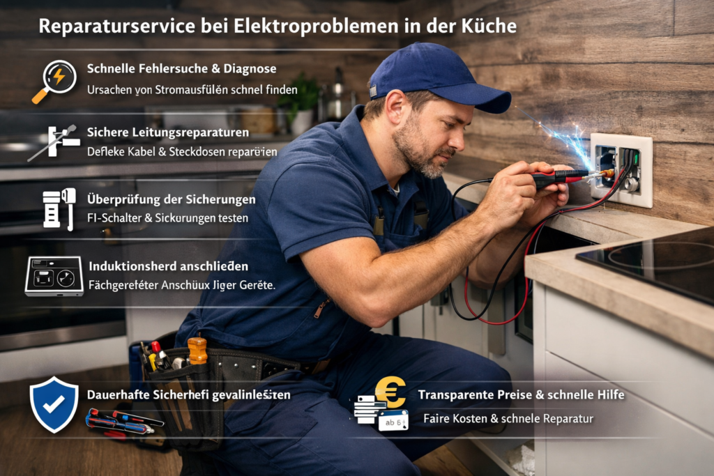 Elektriker repariert Steckdose in moderner Küche – schneller Reparaturservice bei Elektroproblemen mit Diagnose, Sicherungskontrolle und Installation.