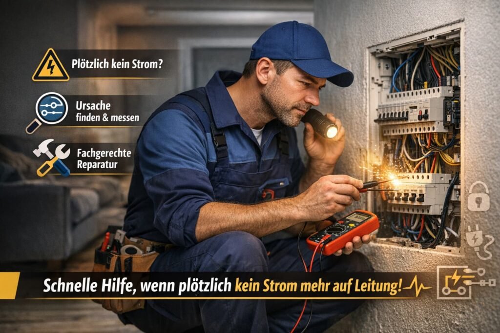 Deutscher Elektriker repariert Stromausfall im Sicherungskasten mit Messgerät und Werkzeug