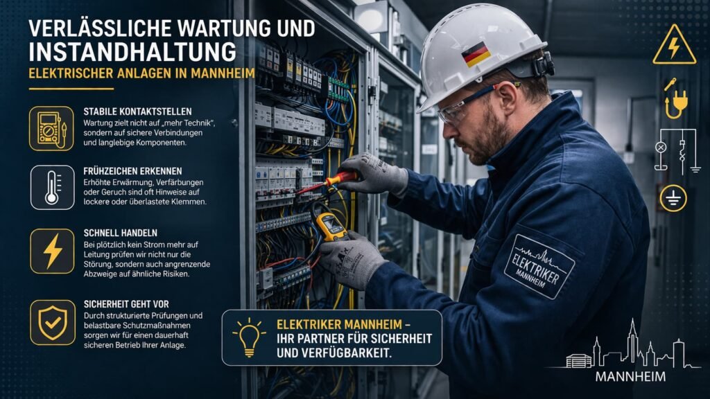 Elektriker bei der Wartung elektrischer Anlagen in Mannheim – zuverlässige Diagnose, Reparatur und präventive Instandhaltung mit moderner Messtechnik.