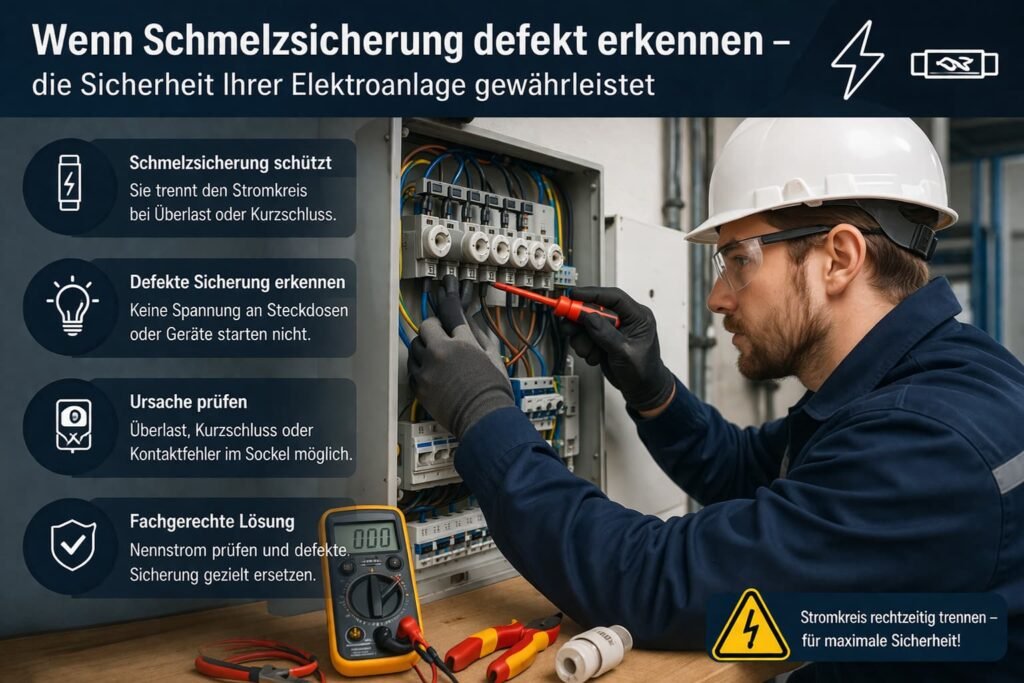 Elektriker prüft defekte Schmelzsicherung im Sicherungskasten zur Gewährleistung der elektrischen Sicherheit