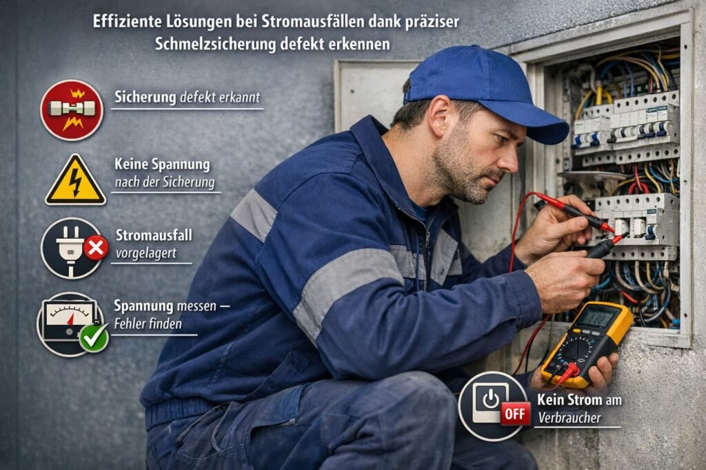 Elektriker prüft Sicherungskasten mit Multimeter zur Diagnose von Stromausfall und defekter Schmelzsicherung