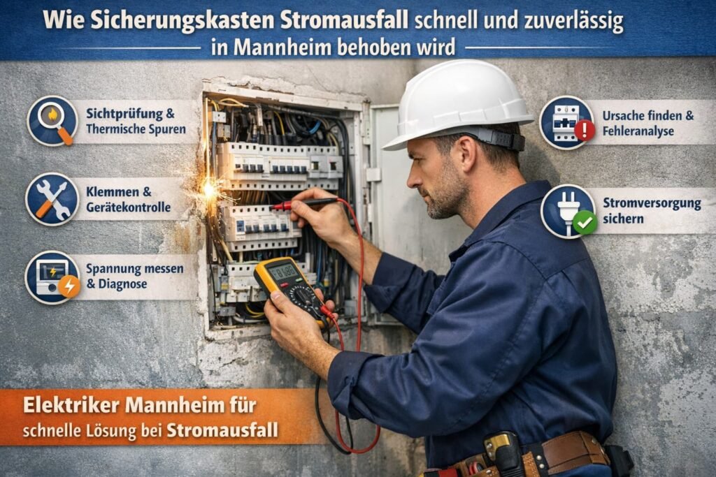 Elektriker in Mannheim prüft Sicherungskasten bei Stromausfall und behebt elektrische Störung schnell und zuverlässig