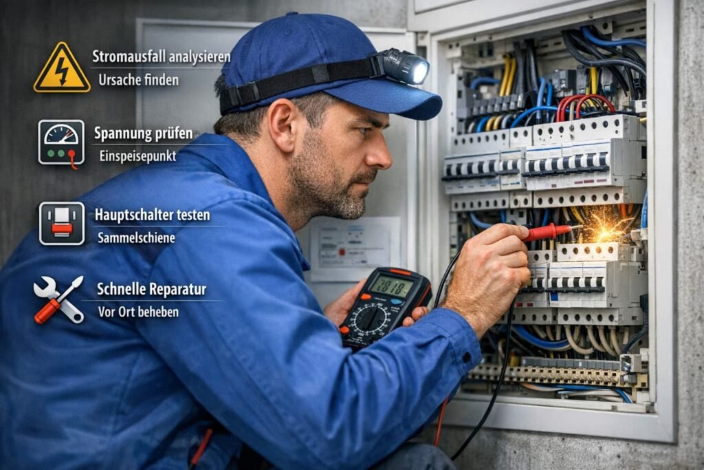 Elektriker prüft Sicherungskasten bei Stromausfall und führt präzise Reparatur vor Ort durch