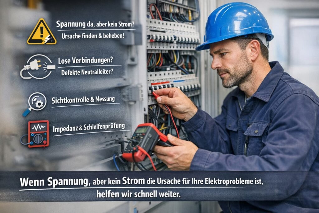 Elektriker prüft Schaltschrank mit Multimeter – Spannung vorhanden, aber kein Strom, Fehlerdiagnose und Elektroservice