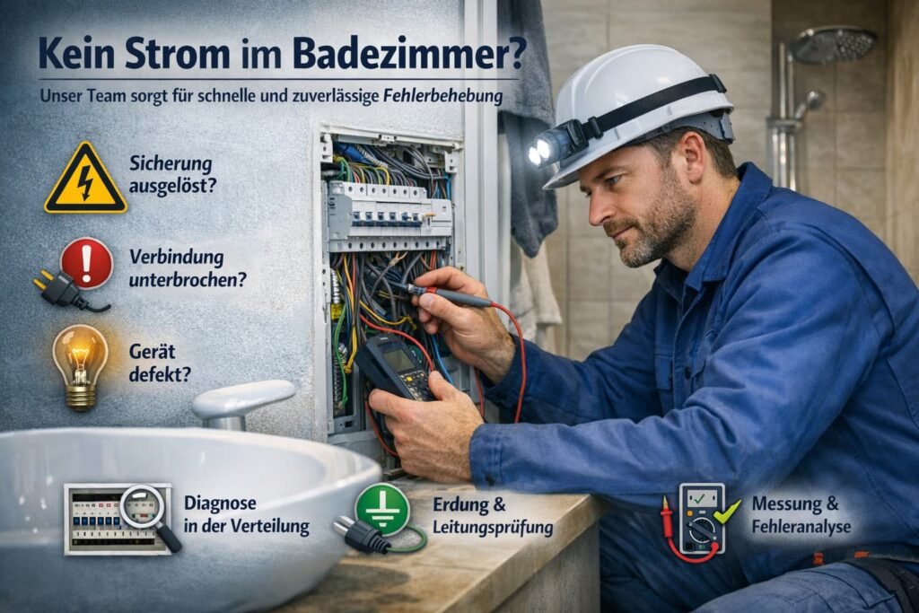 Elektriker prüft Stromausfall im Badezimmer und behebt elektrische Störung schnell und zuverlässig