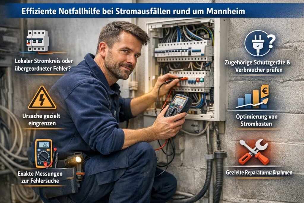 Elektriker prüft Sicherungskasten bei Stromausfall in Mannheim mit Messgerät und Symbolen für Notfallhilfe