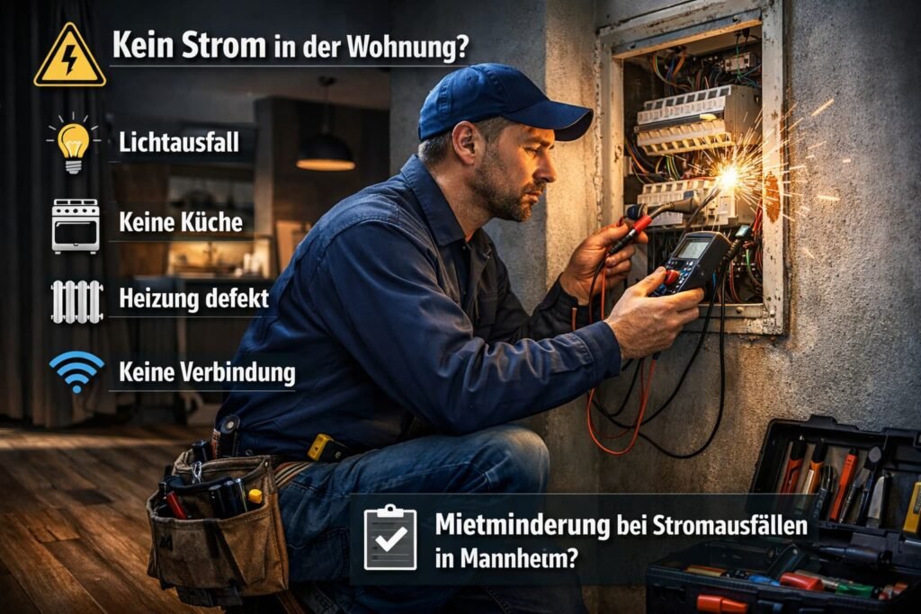 Elektriker prüft Sicherungskasten bei Stromausfall in Wohnung in Mannheim