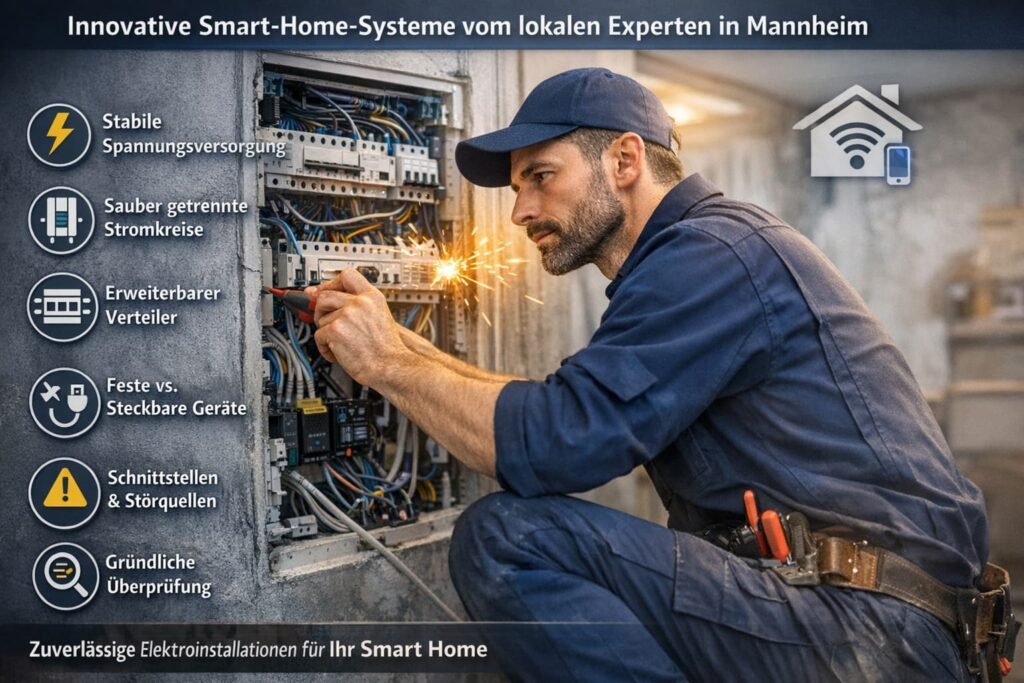 Elektriker in Mannheim repariert Sicherungskasten für Smart-Home-Systeme mit stabiler Stromversorgung