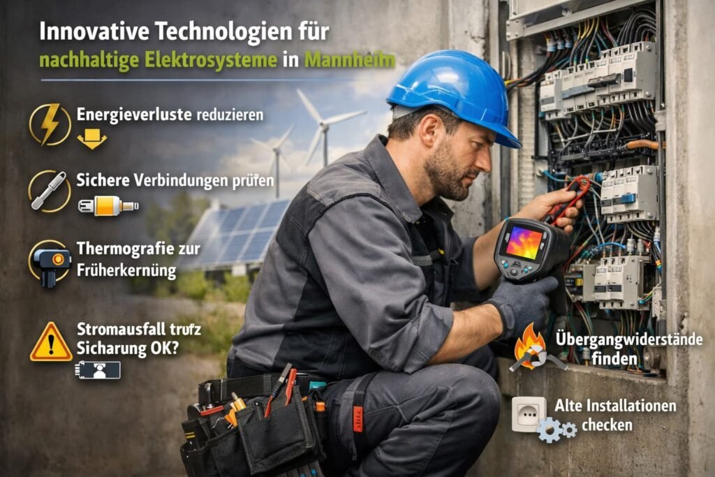 Elektriker in Mannheim prüft Stromkasten mit moderner Messtechnik für nachhaltige Elektrosysteme