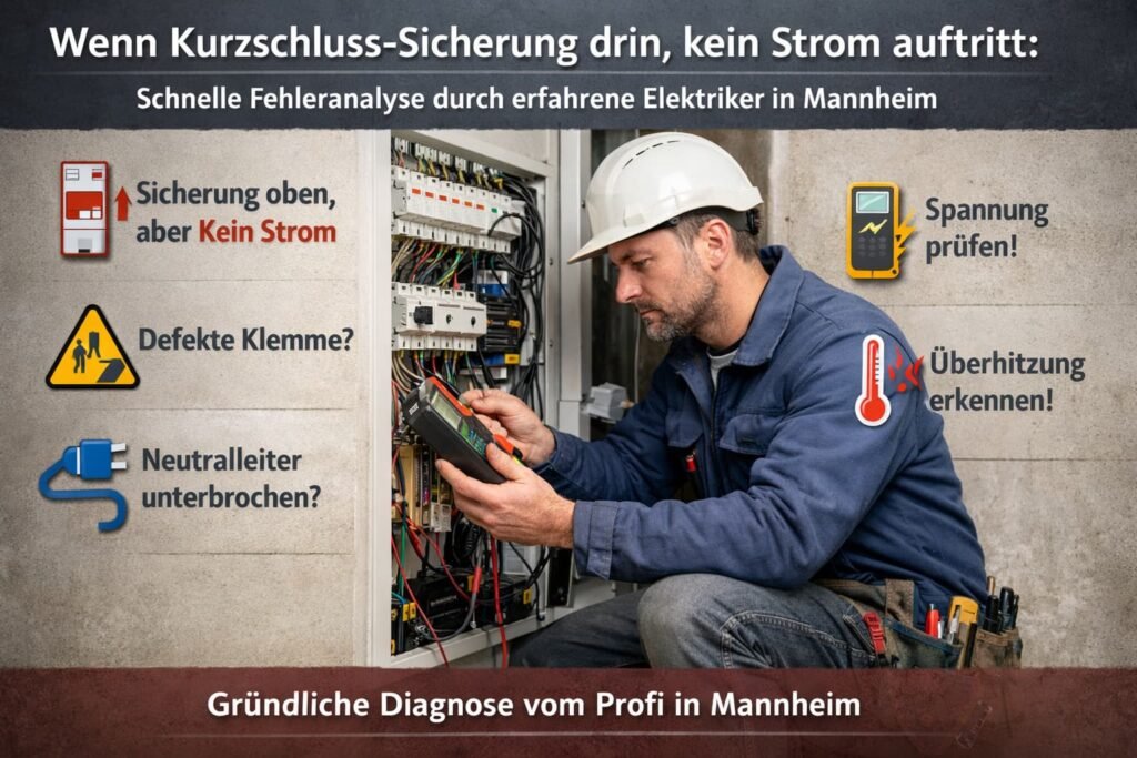 Elektriker prüft Sicherungskasten bei Stromausfall trotz aktiver Sicherung in Mannheim