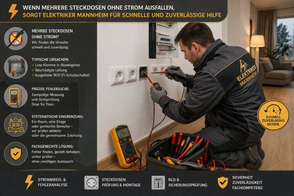 Elektriker prüft mehrere Steckdosen ohne Strom in Mannheim und behebt Fehler im Stromkreis schnell und zuverlässig