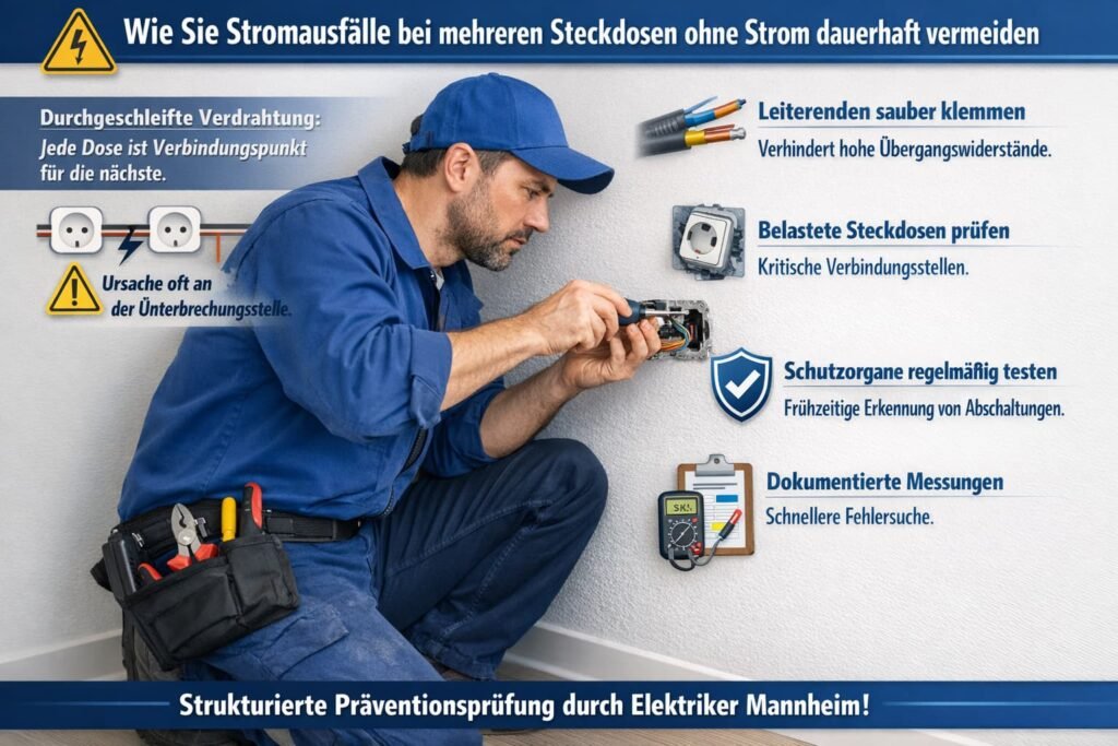 Elektriker behebt Stromausfall an Steckdosen und erklärt Ursachen sowie dauerhafte Lösungen