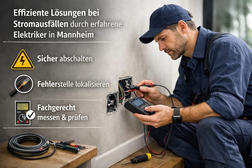 Elektriker prüft Steckdose und behebt Stromausfall effizient in Mannheim