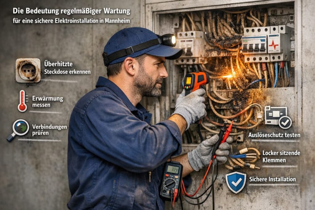 Elektriker prüft Sicherungskasten in Mannheim und misst Temperatur zur Wartung der Elektroinstallation