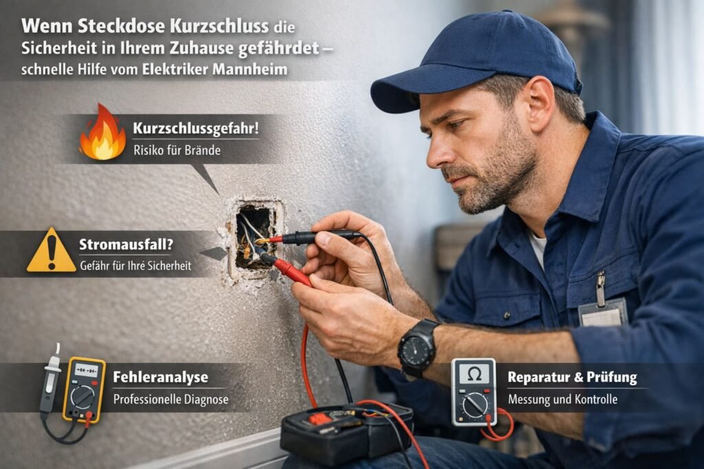 Elektriker prüft defekte Steckdose mit Kurzschluss – sichere Reparatur und Diagnose in Mannheim