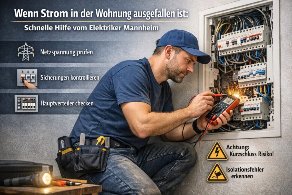 Elektriker prüft Sicherungskasten bei Stromausfall in Wohnung in Mannheim mit Multimeter und Warnsymbolen