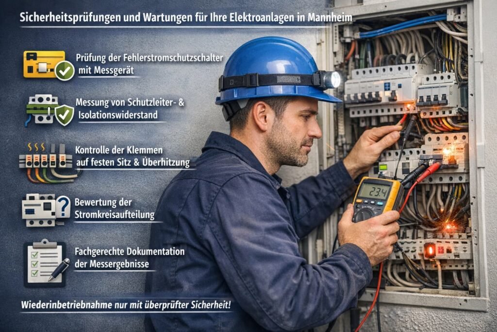 Elektriker in Mannheim prüft Schaltschrank mit Messgerät – Sicherheitsprüfung und Wartung von Elektroanlagen mit Fokus auf RCD-Test, Isolationsmessung und Schutzleiterprüfung.