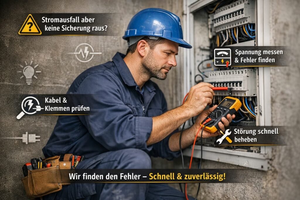Elektriker misst Spannung im Sicherungskasten bei Stromausfall ohne ausgelöste Sicherung