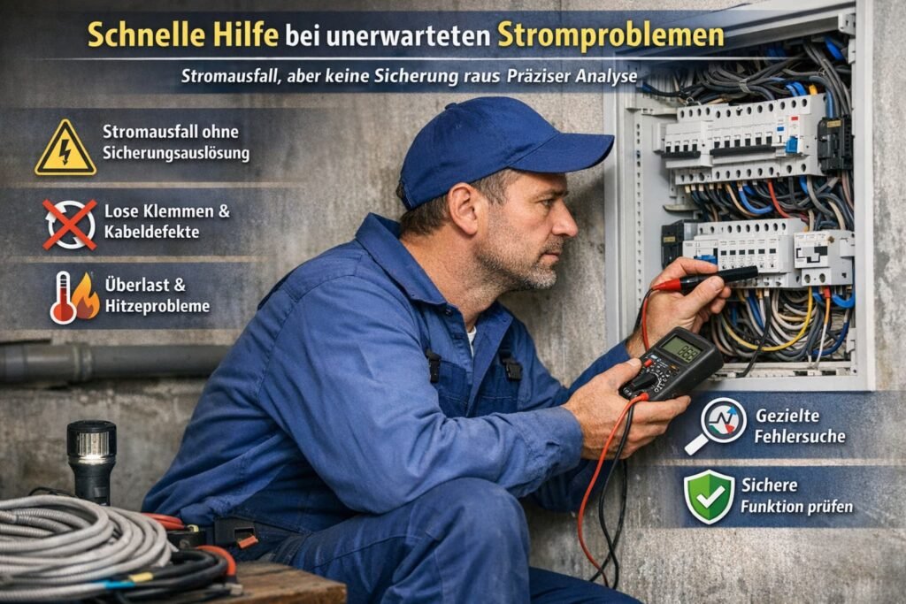 Deutscher Elektriker prüft Sicherungskasten bei Stromausfall ohne ausgelöste Sicherung und führt präzise Fehleranalyse durch