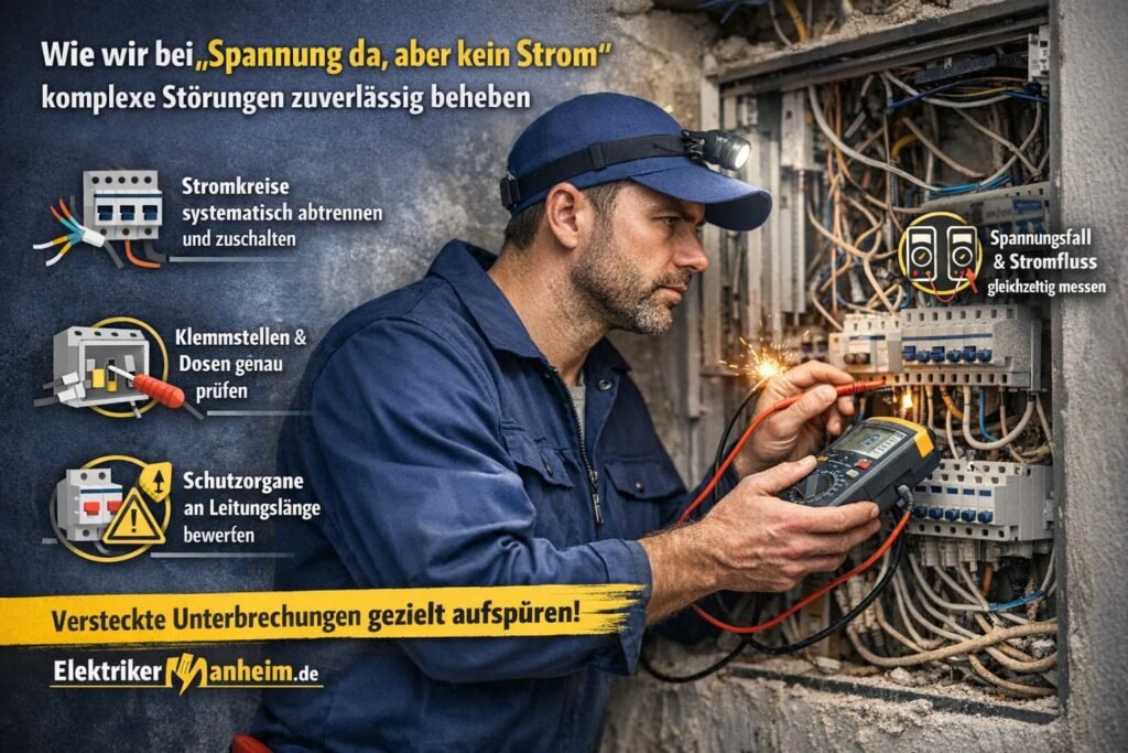 Elektriker prüft Stromkasten mit Multimeter bei komplexer Störung – Spannung vorhanden, aber kein Strom