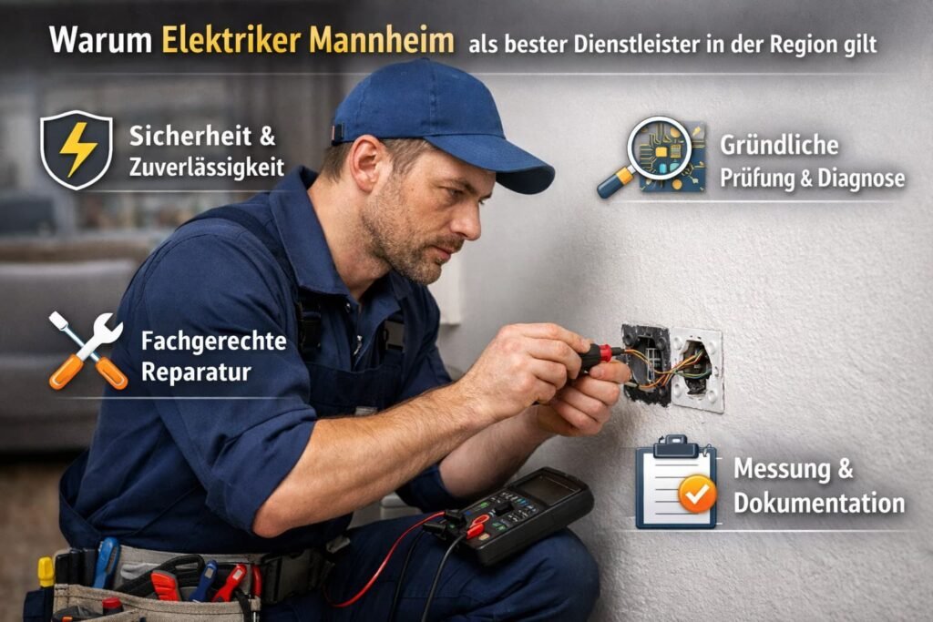 Elektriker in Mannheim repariert Steckdose mit professioneller Diagnose und Messgeräten für sichere Elektroinstallation