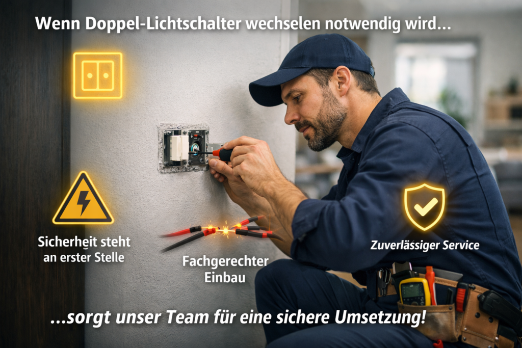 Elektriker wechselt Doppel-Lichtschalter sicher und professionell in moderner Wohnung