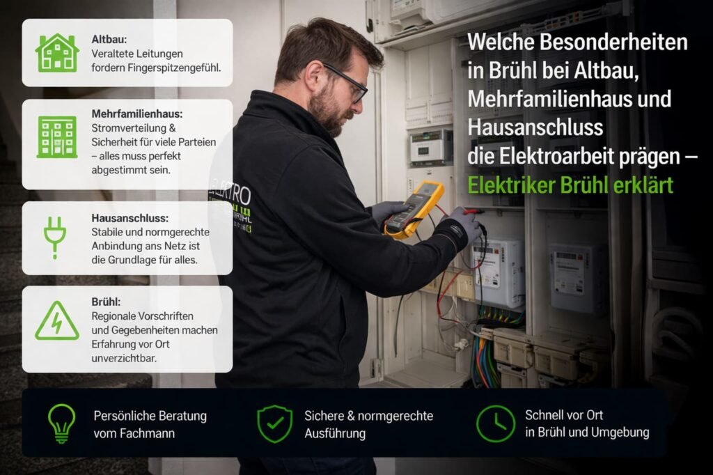 Elektriker Brühl arbeitet an Altbau-Elektroinstallation im Mehrfamilienhaus und überprüft den Hausanschluss fachgerecht